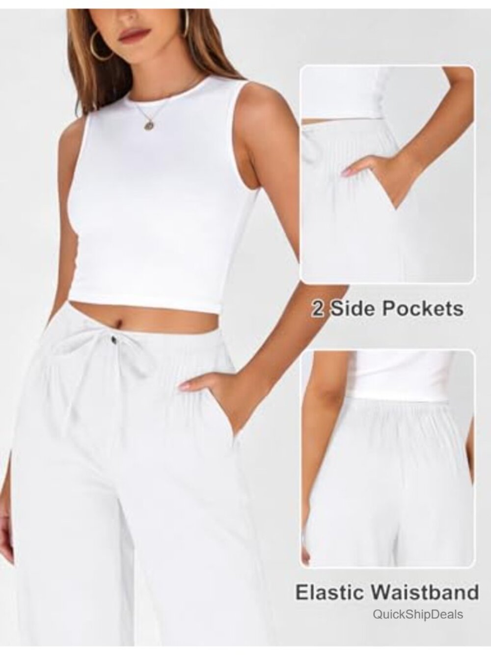Linen Cotton Pants Wide Leg Drawstring Elastic Waist Casual Trousers with - Picture 4 of 6